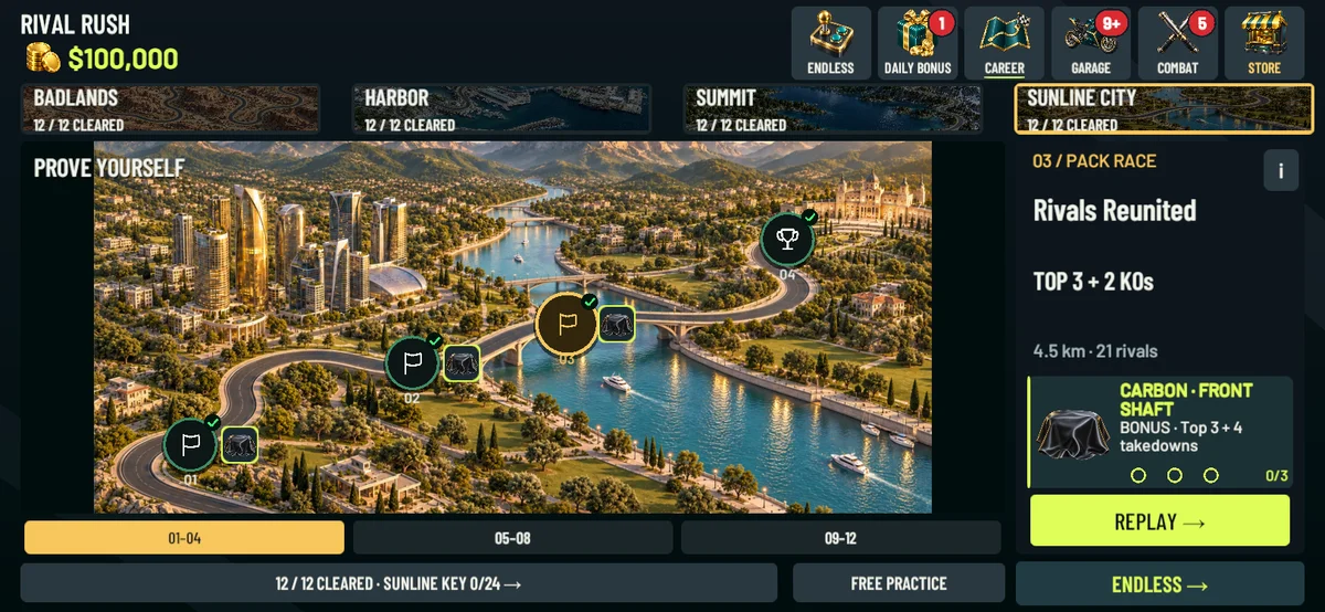 In-game Sunline City career map showing race events and progression