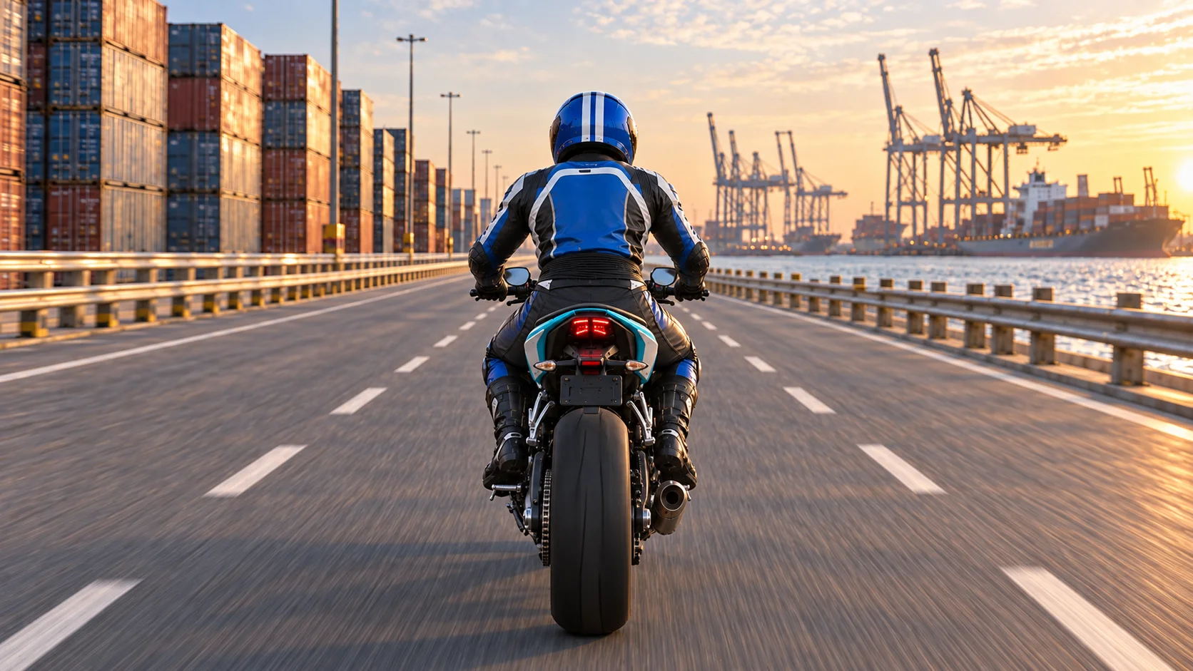 Cinematic artwork of a rider on a harbor road with cranes and shipping containers