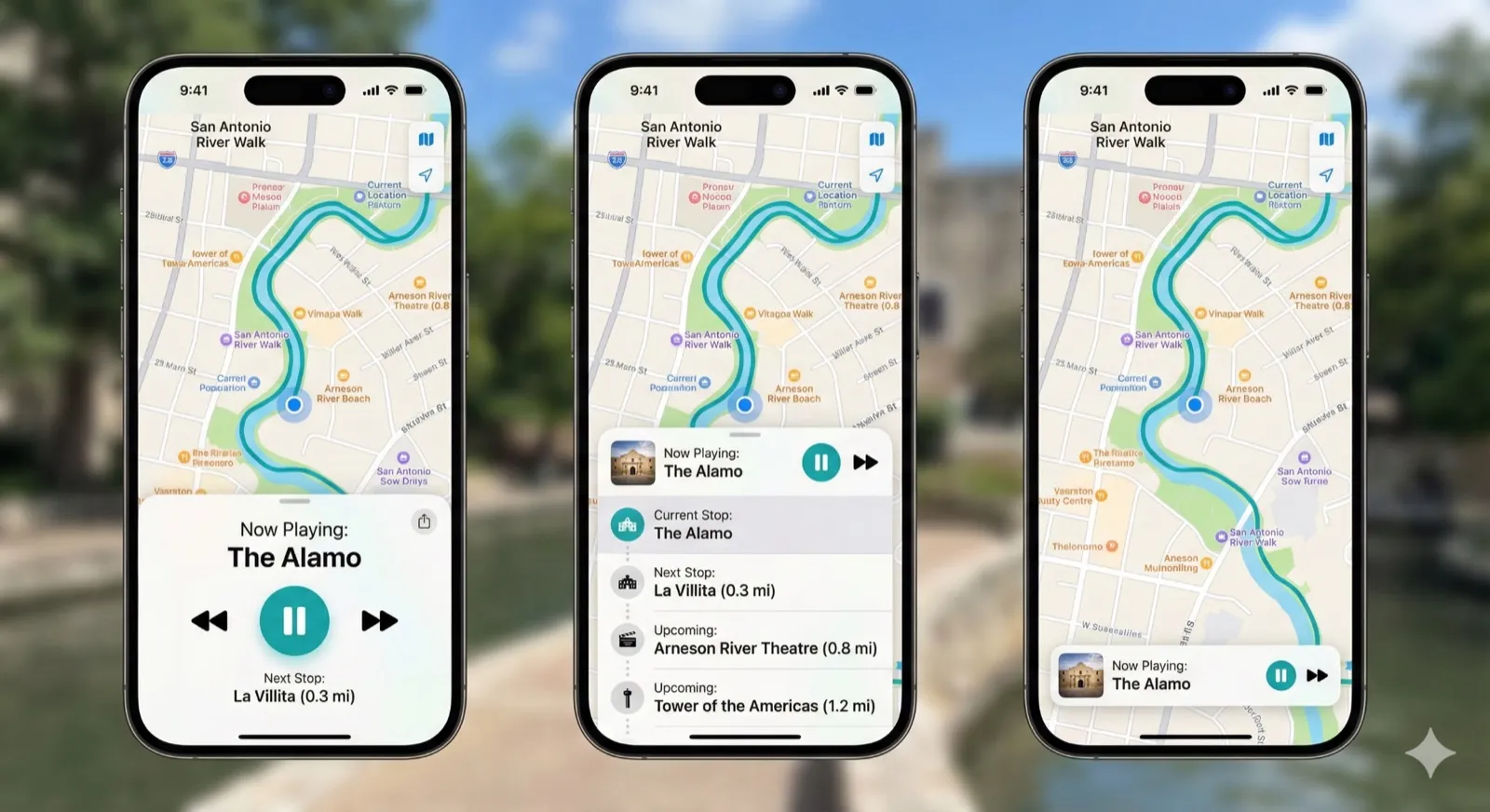 Map runtime with GPS-triggered audio playing at The Alamo